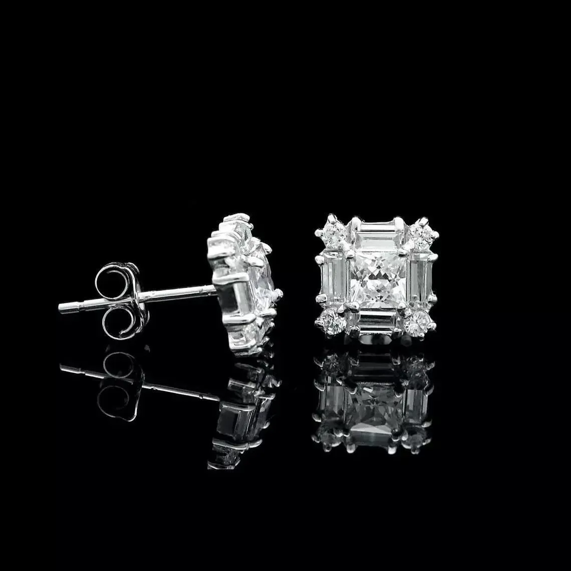 1 Ct Diamond Stud Earrings | Princess &Baguette Cut Earrings| 14k Rose Gold Plated Stud Earrings
