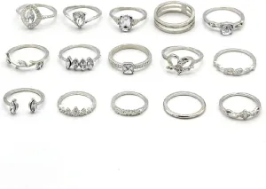 15Pcs Vintage Gemstone Ring Sets Silver Crystal Knuckle Stacking Rings Thumb Rings Boho Flower Moon Mid Rings Bohemian Joint Finger Rings