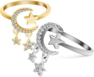 2 Pcs Silver Star Moon Open Statement Rings Women's Fashion Adjustable Knuckle Ring Set