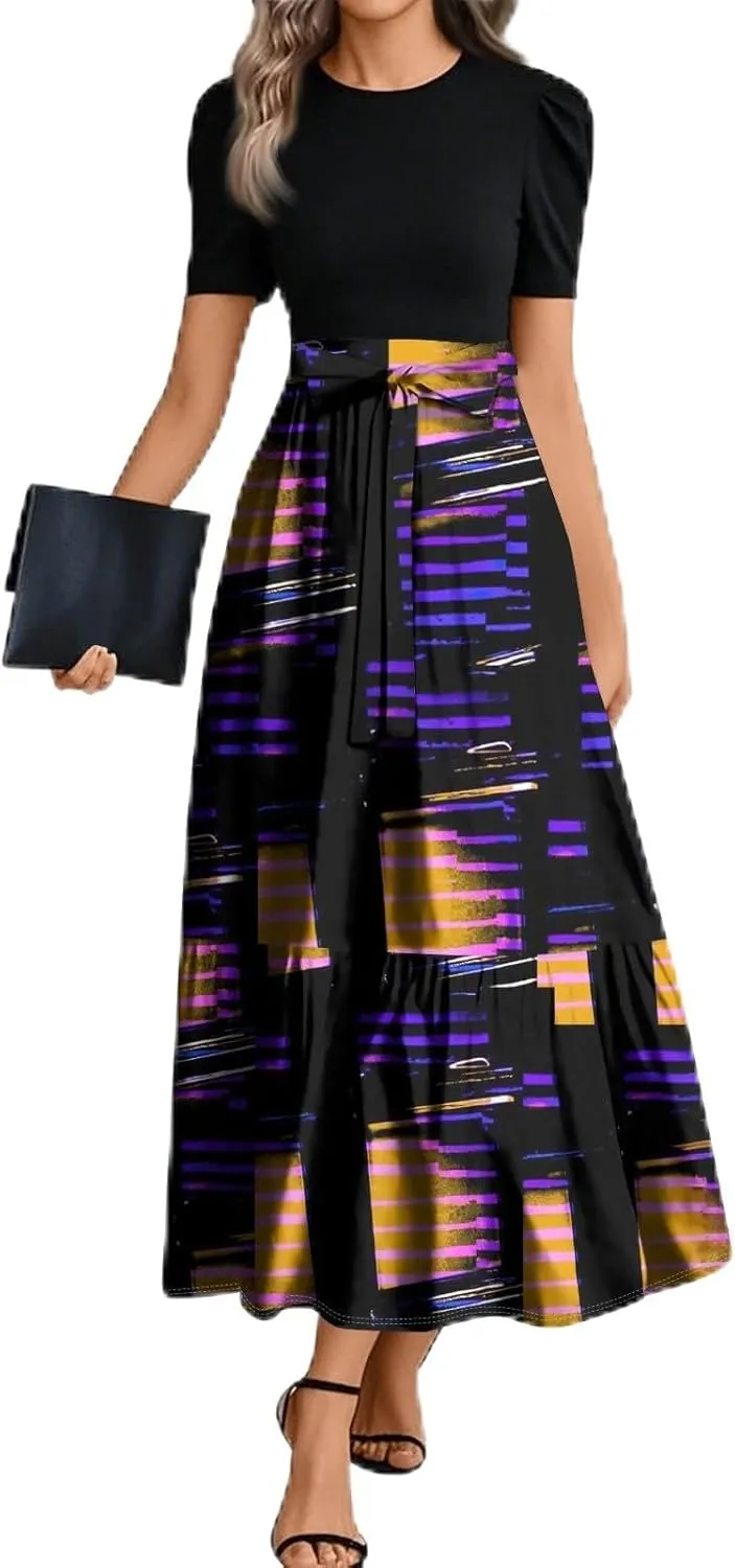 2025 Spring Dresses for Women, Beach Boho Maxi Womens Jumpsuit Print Bow High Waisted Rompers for Women