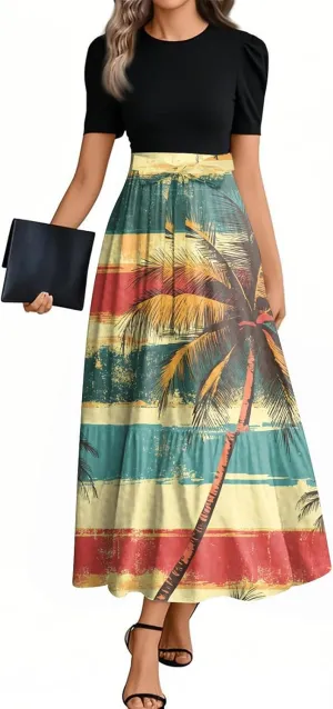 2025 Spring Dresses for Women, Trendy Beach Maxi Women's Jumpsuits Hawaiian Print Bow Crew Neck Rompers for Women