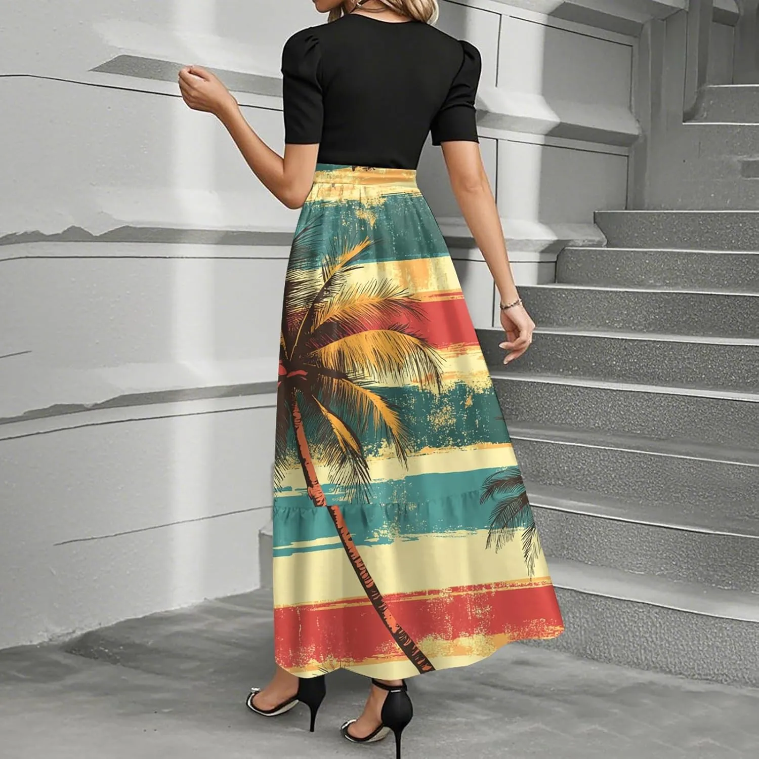 2025 Spring Dresses for Women, Trendy Beach Maxi Women's Jumpsuits Hawaiian Print Bow Crew Neck Rompers for Women