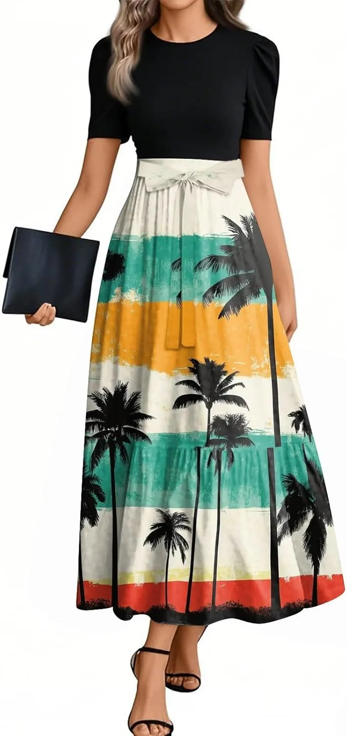 2025 Spring Dresses for Women, Trendy Beach Maxi Women's Jumpsuits Hawaiian Print Bow Crew Neck Rompers for Women