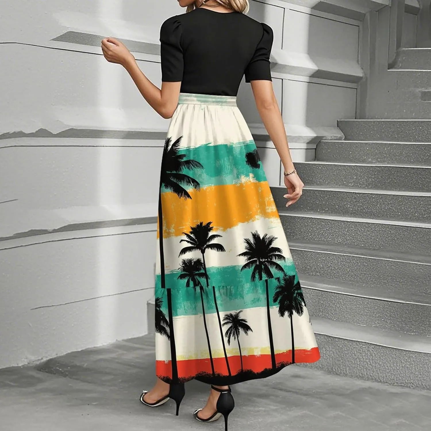 2025 Spring Dresses for Women, Trendy Beach Maxi Women's Jumpsuits Hawaiian Print Bow Crew Neck Rompers for Women