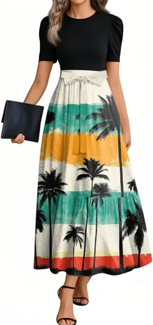 2025 Spring Dresses for Women, Trendy Beach Maxi Women's Jumpsuits Hawaiian Print Bow Crew Neck Rompers for Women