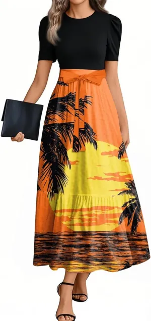 2025 Spring Dresses for Women, Trendy Beach Maxi Women's Jumpsuits Hawaiian Print Bow Crew Neck Rompers for Women