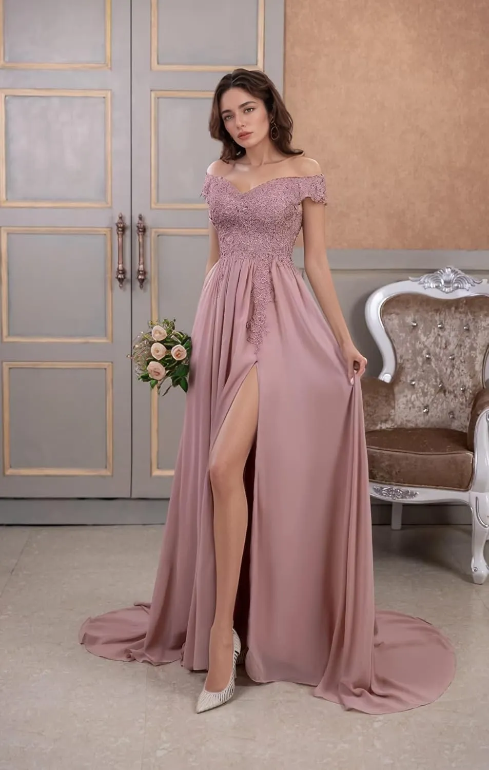 2025 Women's Laces Appliques Prom Dresses Off Shoulder Long Chiffon A-Line Formal Evening Party Gowns with Slit