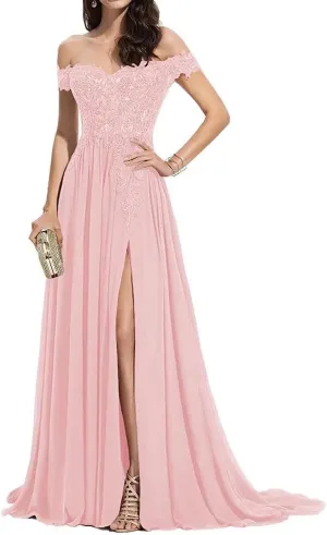 2025 Women's Laces Appliques Prom Dresses Off Shoulder Long Chiffon A-Line Formal Evening Party Gowns with Slit