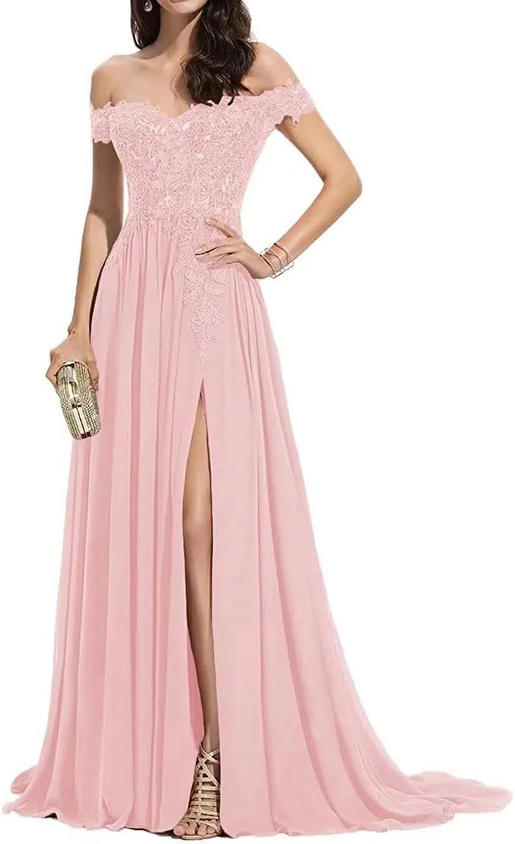 2025 Women's Laces Appliques Prom Dresses Off Shoulder Long Chiffon A-Line Formal Evening Party Gowns with Slit