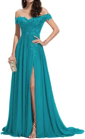 2025 Women's Laces Appliques Prom Dresses Off Shoulder Long Chiffon A-Line Formal Evening Party Gowns with Slit