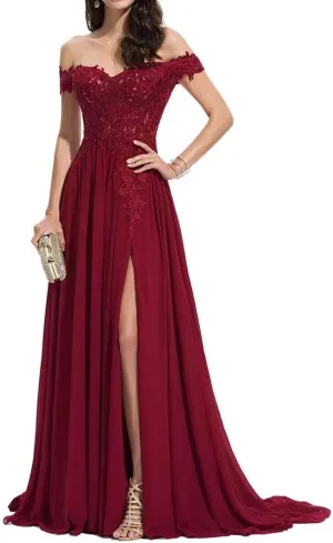 2025 Women's Laces Appliques Prom Dresses Off Shoulder Long Chiffon A-Line Formal Evening Party Gowns with Slit