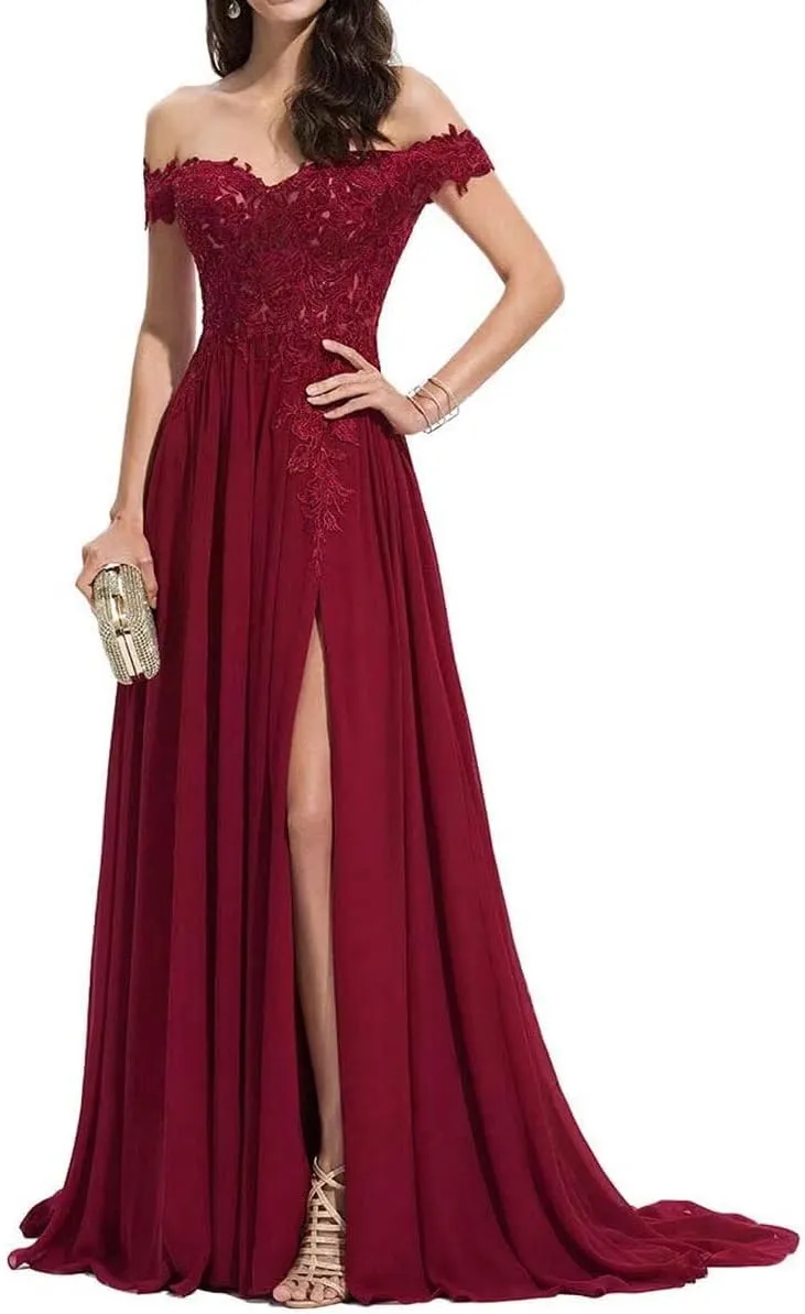2025 Women's Laces Appliques Prom Dresses Off Shoulder Long Chiffon A-Line Formal Evening Party Gowns with Slit