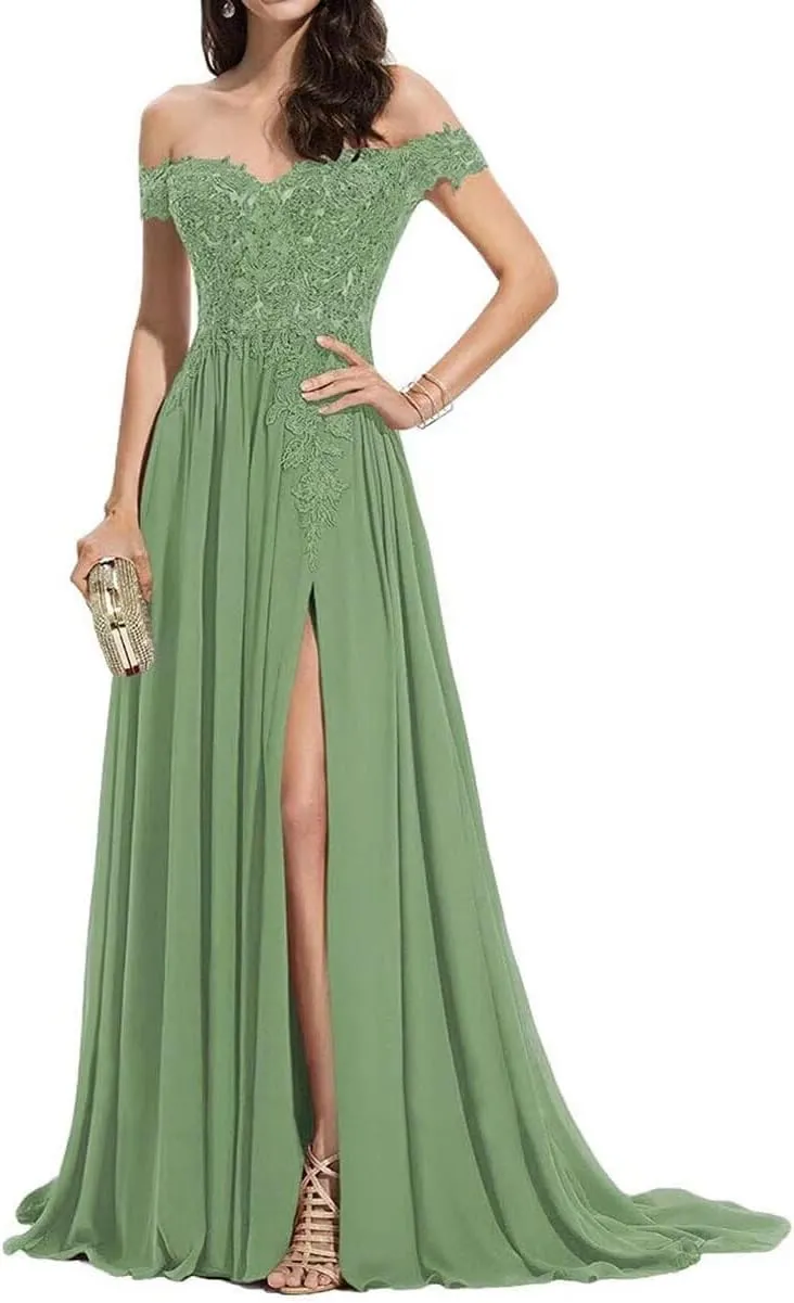2025 Women's Laces Appliques Prom Dresses Off Shoulder Long Chiffon A-Line Formal Evening Party Gowns with Slit