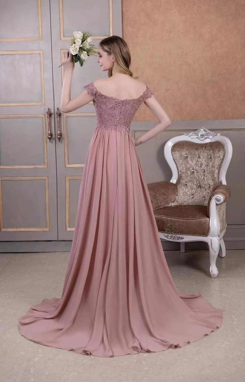 2025 Women's Laces Appliques Prom Dresses Off Shoulder Long Chiffon A-Line Formal Evening Party Gowns with Slit