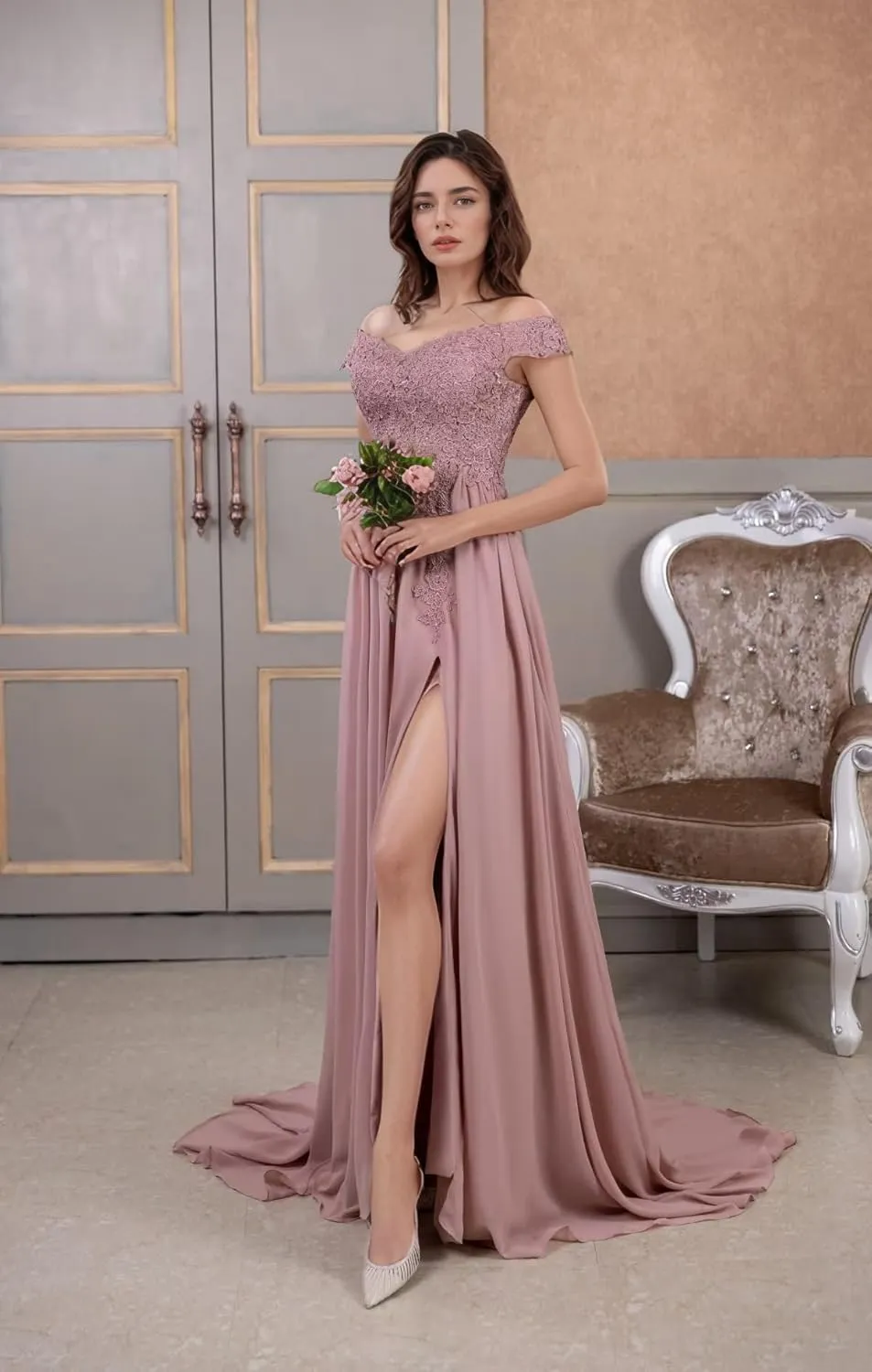 2025 Women's Laces Appliques Prom Dresses Off Shoulder Long Chiffon A-Line Formal Evening Party Gowns with Slit