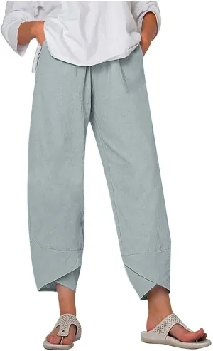 2025 Women's Linen Nine-Tenths Pants - Trendy High Waist Comfortable Summer Solid Color Casual Cropped Trousers