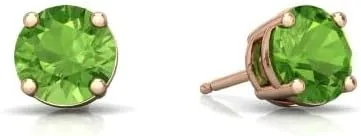 24K Rose Gold Plated Stud Earrings | 2 Cttw Created Earring | Rose Gold Plated Peridot BirthStone Earrings Jewelry | Round Stud Earrings | Pushback Back Finding | 4 Prongs Settings Earring | Gift for Women