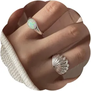 2Pcs Shell Rings for Women Dainty Created Opal Statement Rings Vintage Boho Seashell Adjustable Open Ring Set Fashion Cute Summer Beach Stacking Rings Trendy Birthday Christmas Jewelry Gift