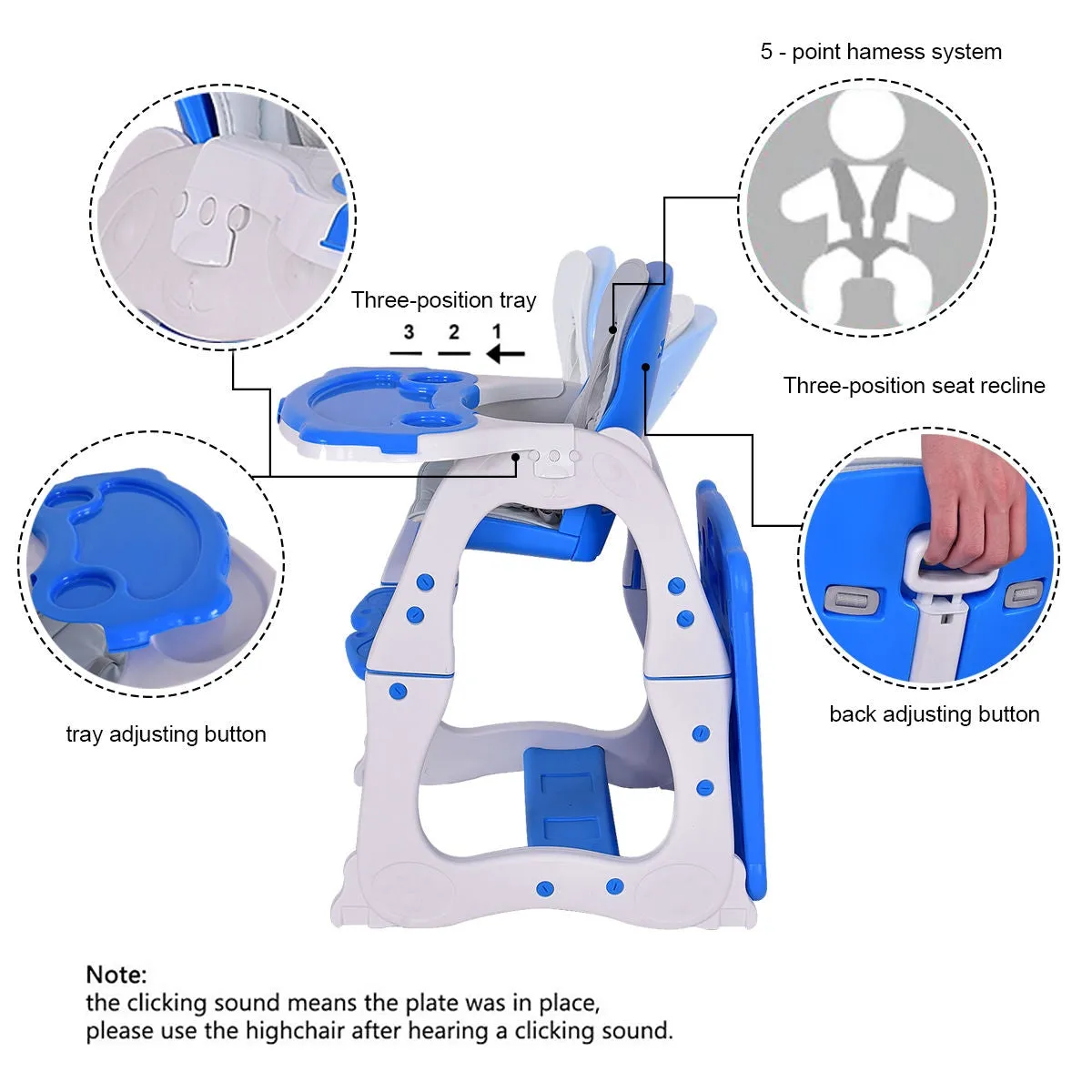 3 in 1 Convertible Play Table Seat Baby High Chair - Blue