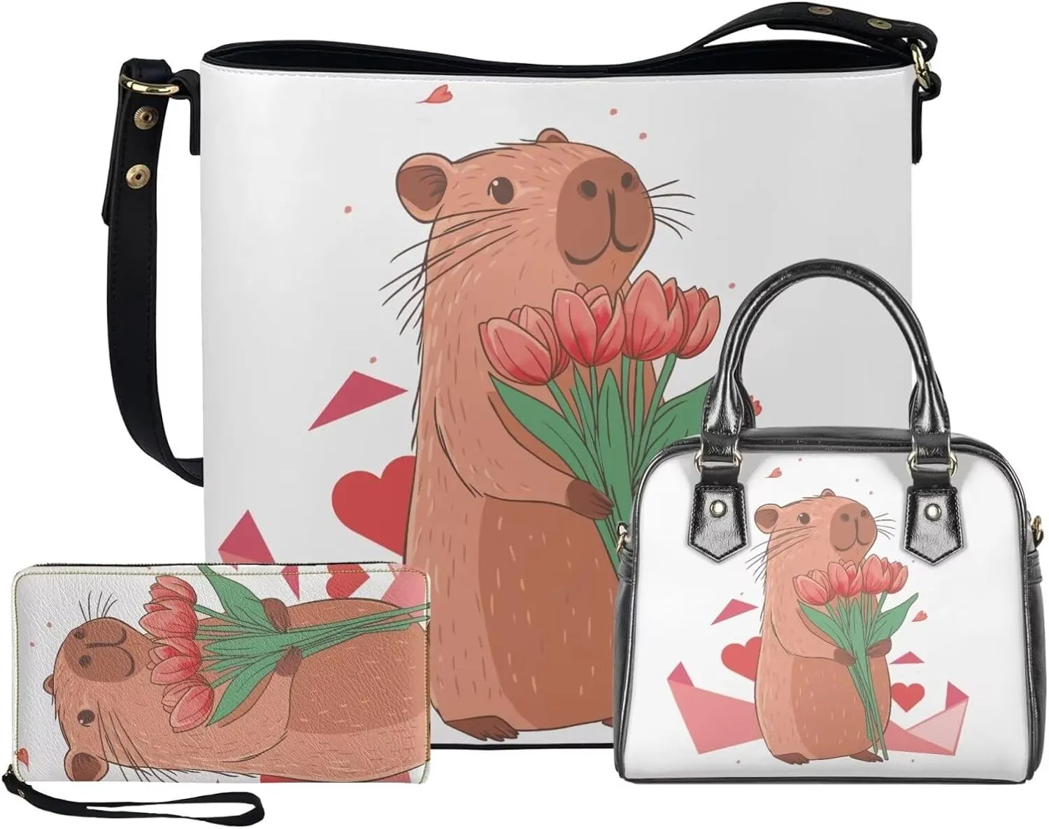 3 Piece Purse Set for Women Cute Shoulder Bags Handbags and Wallets Valentine's Day Tote Leather Hobo Bag