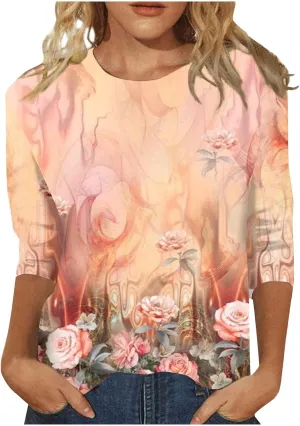 3/4 Length Sleeve Womens Tops Crewneck Floral Graphic Plus Size Shirts Three Quarter Loose Casual Dressy Blouses
