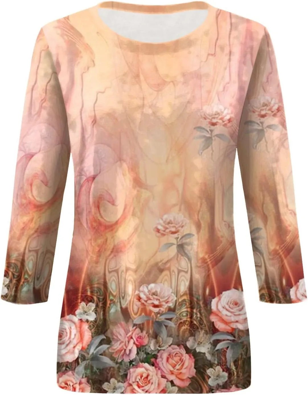 3/4 Length Sleeve Womens Tops Crewneck Floral Graphic Plus Size Shirts Three Quarter Loose Casual Dressy Blouses