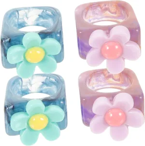 4pcs Vintage Design Resin Flower Rings for Women Cute Gemstone Finger Decoration Comfortable Wear Stylish Look Durable Jewelry