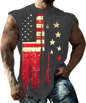 4th of July Tank Tops for Men Retro USA Patriotic American Flag Sleeveless Printed Shirts Gym Tees