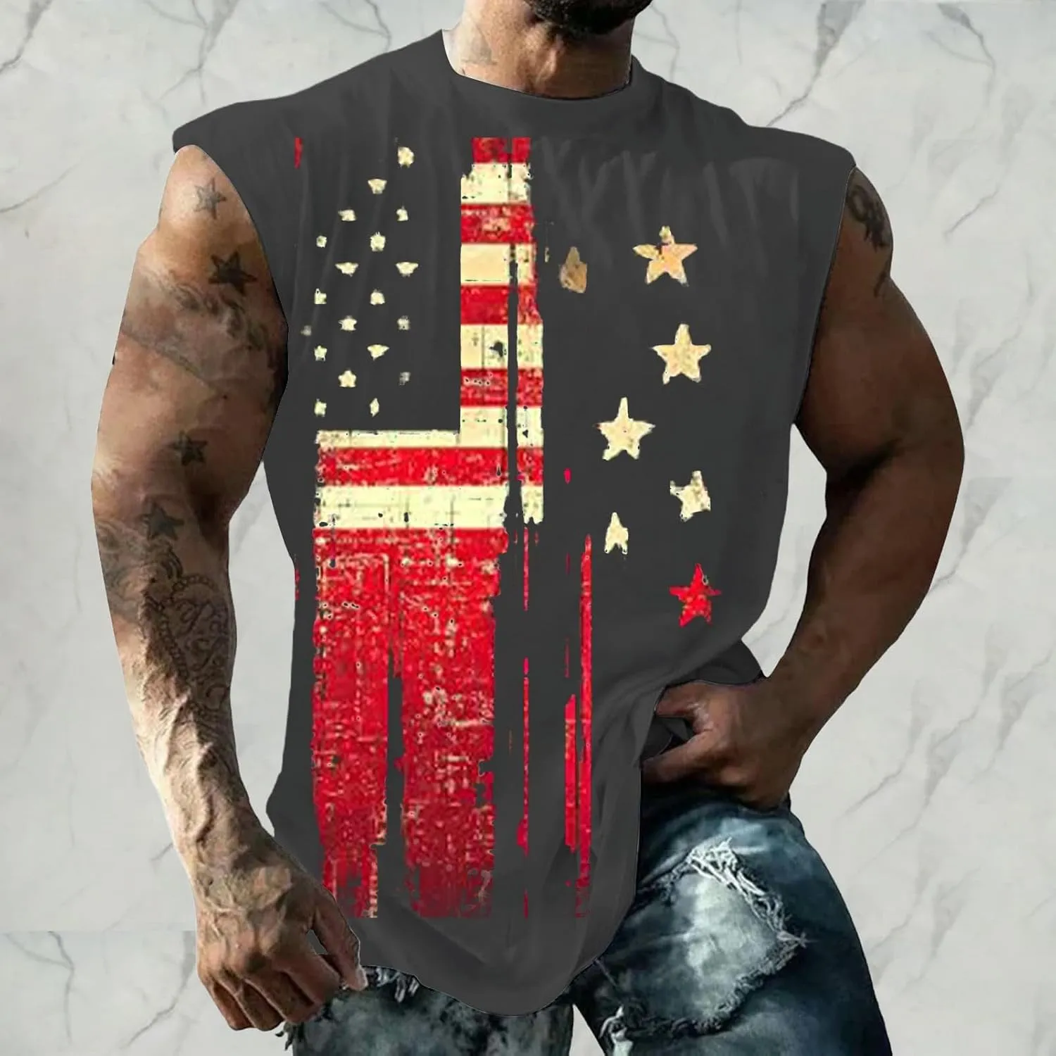 4th of July Tank Tops for Men Retro USA Patriotic American Flag Sleeveless Printed Shirts Gym Tees