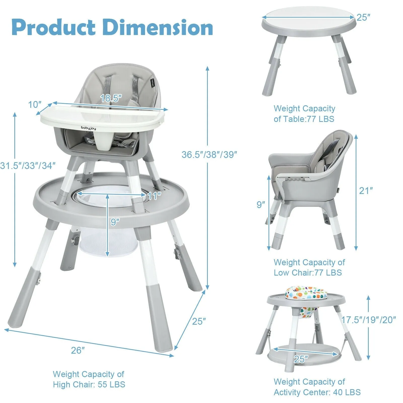 6-in-1 Baby High Chair & Infant Activity Center with Height Adjustment