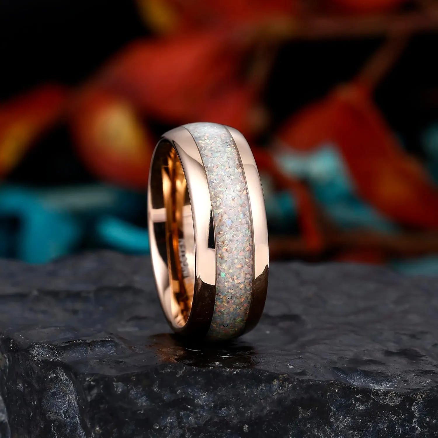 8mm Tungsten Rings for Men Women Black/Rose Gold Plated Tungsten Carbide Wedding Bands with Opal/Ruby/Emerald/Amethyst/Citrine/Pink Sapphire Birthstone Promise Rings Dome Polished Size 7-14