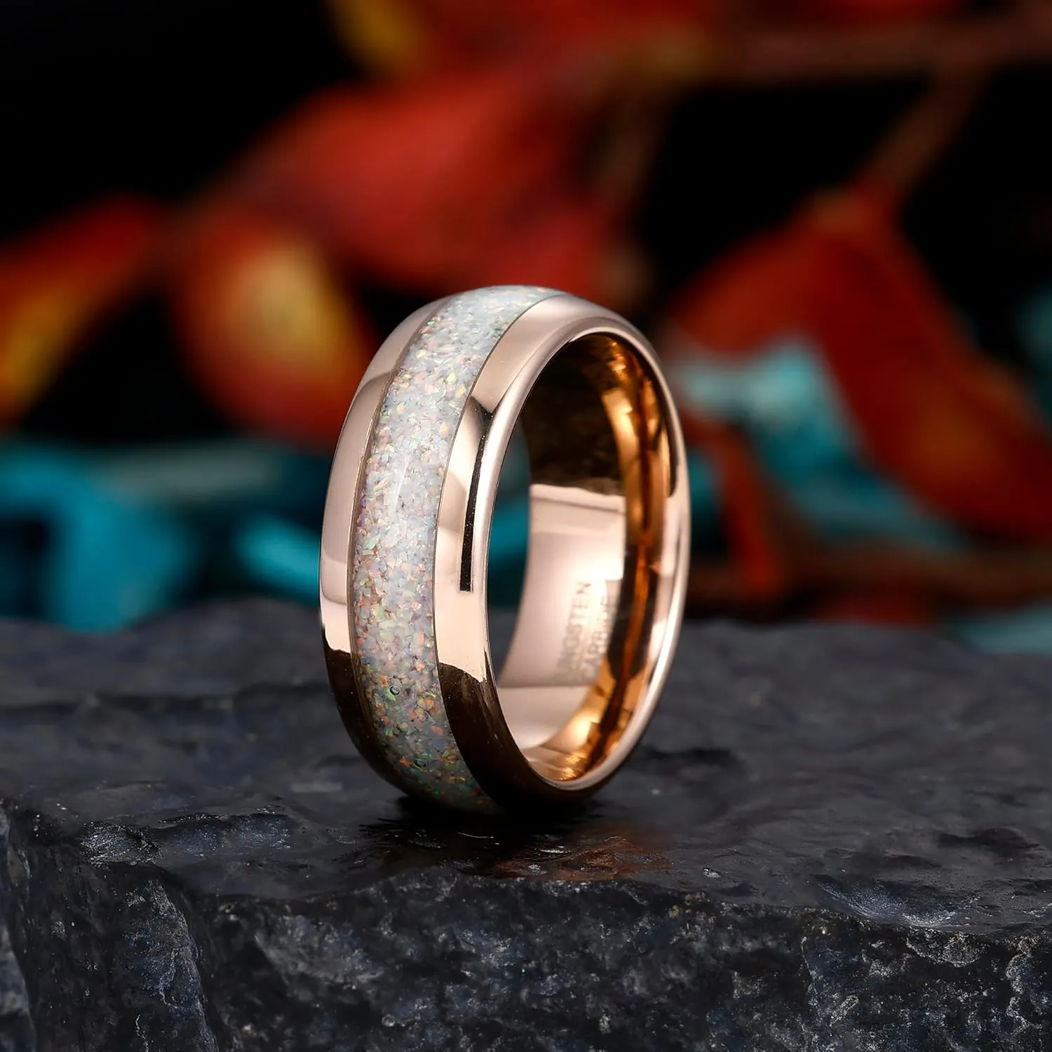8mm Tungsten Rings for Men Women Black/Rose Gold Plated Tungsten Carbide Wedding Bands with Opal/Ruby/Emerald/Amethyst/Citrine/Pink Sapphire Birthstone Promise Rings Dome Polished Size 7-14