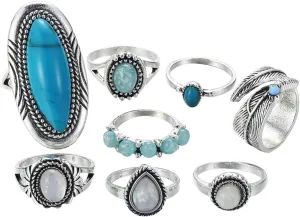 8pcs Vintage Opal Ring Set Turquoise Fidget Rings for Women Stackable Size Knuckle for Birthday Present