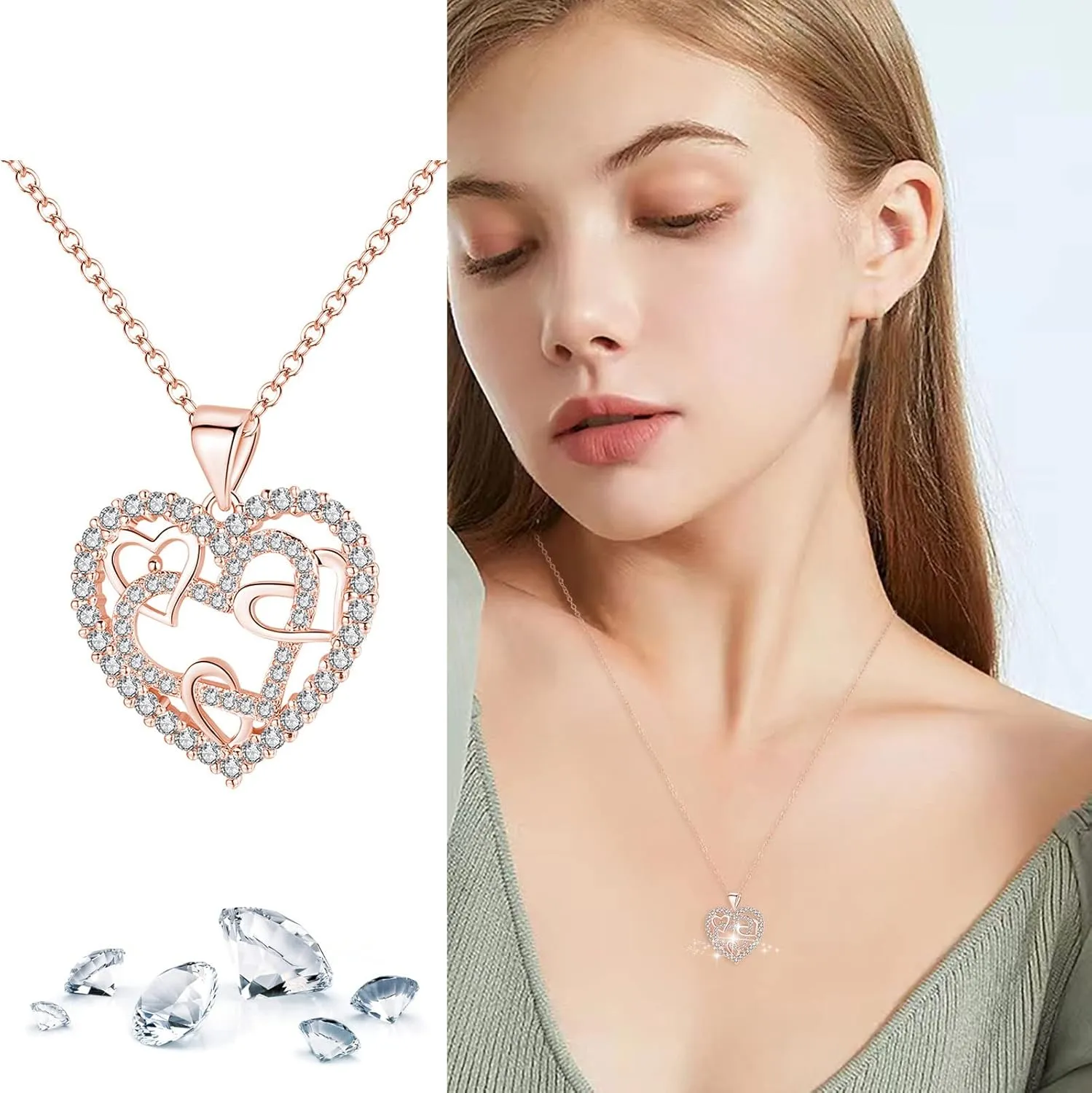 925 Sterling Silver Necklace for Women,Heart Cubic Zirconia Pendant Necklace Anniversary Birthday Jewelry Gifts for Mom Wife