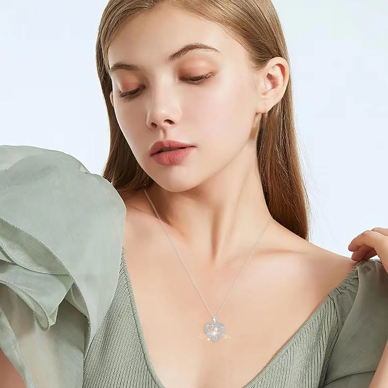 925 Sterling Silver Necklace for Women,Heart Cubic Zirconia Pendant Necklace Anniversary Birthday Jewelry Gifts for Mom Wife