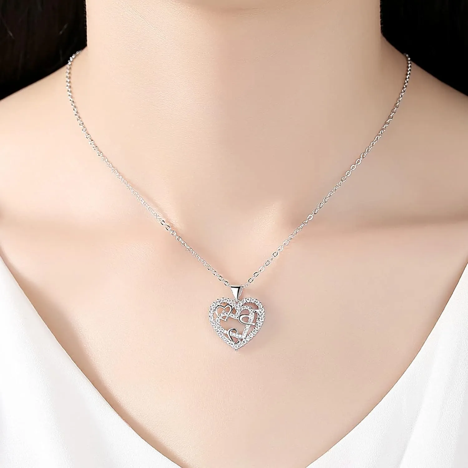 925 Sterling Silver Necklace for Women,Heart Cubic Zirconia Pendant Necklace Anniversary Birthday Jewelry Gifts for Mom Wife