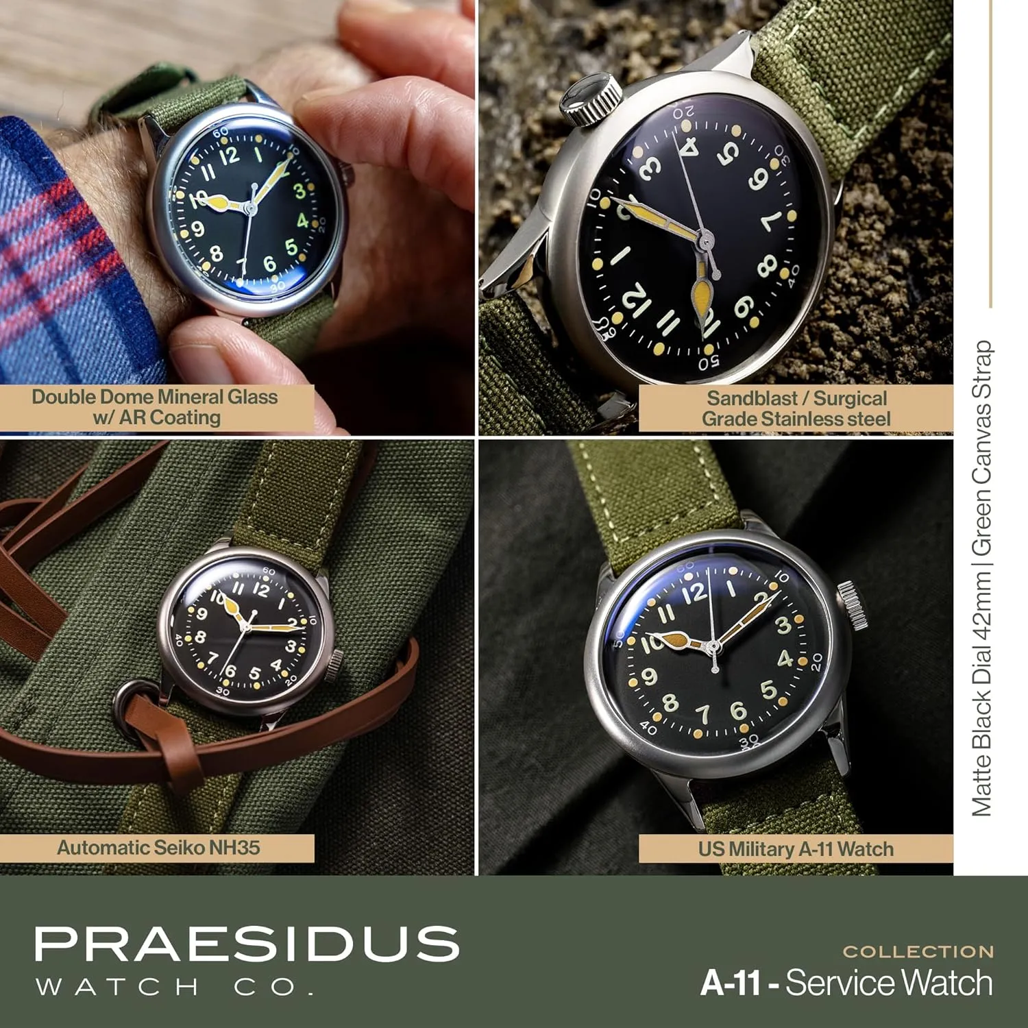 A-11 Service Watch Men's Military Automatic Watch, 38mm/42mm Stainless Steel Case, 50M Water Resistance, Black/Beige Dial with Green/White Lume, Black/Brown/Green Leather/Canvas/Nylon Strap, Combat Tactical Field Spec Ops Commemorative Vintage