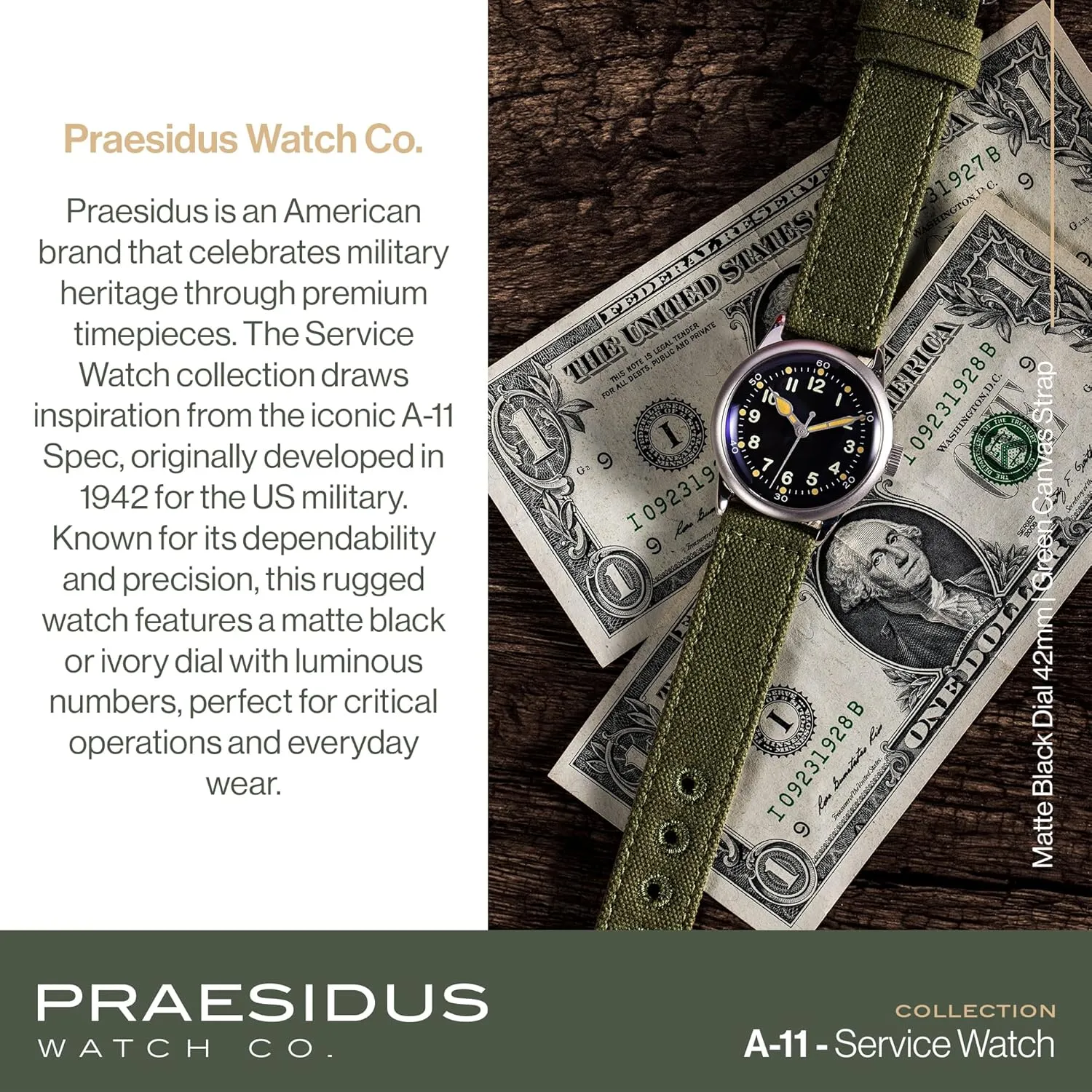 A-11 Service Watch Men's Military Automatic Watch, 38mm/42mm Stainless Steel Case, 50M Water Resistance, Black/Beige Dial with Green/White Lume, Black/Brown/Green Leather/Canvas/Nylon Strap, Combat Tactical Field Spec Ops Commemorative Vintage