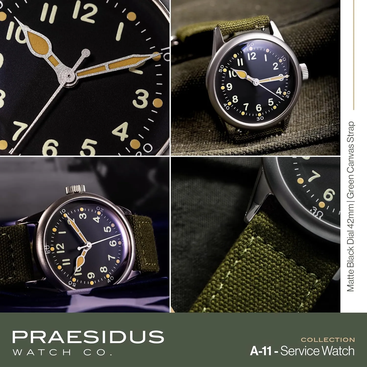A-11 Service Watch Men's Military Automatic Watch, 38mm/42mm Stainless Steel Case, 50M Water Resistance, Black/Beige Dial with Green/White Lume, Black/Brown/Green Leather/Canvas/Nylon Strap, Combat Tactical Field Spec Ops Commemorative Vintage
