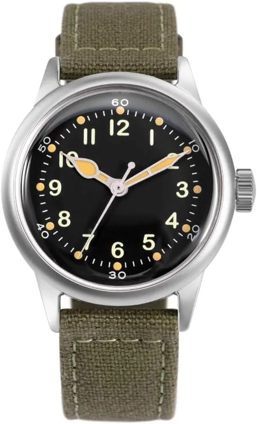 A-11 Service Watch Men's Military Automatic Watch, 38mm/42mm Stainless Steel Case, 50M Water Resistance, Black/Beige Dial with Green/White Lume, Black/Brown/Green Leather/Canvas/Nylon Strap, Combat Tactical Field Spec Ops Commemorative Vintage