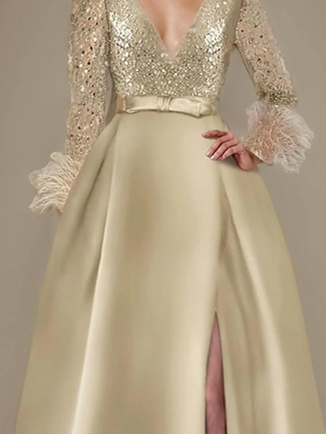 A-Line Formal Dress Elegant Modern Classic Floor Length Long Sleeve V Neck Sequined Champagne Evening Gown 2025