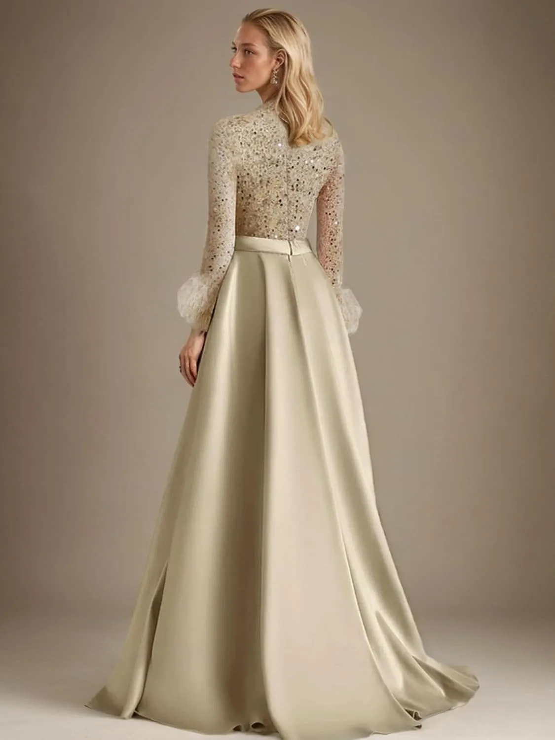 A-Line Formal Dress Elegant Modern Classic Floor Length Long Sleeve V Neck Sequined Champagne Evening Gown 2025