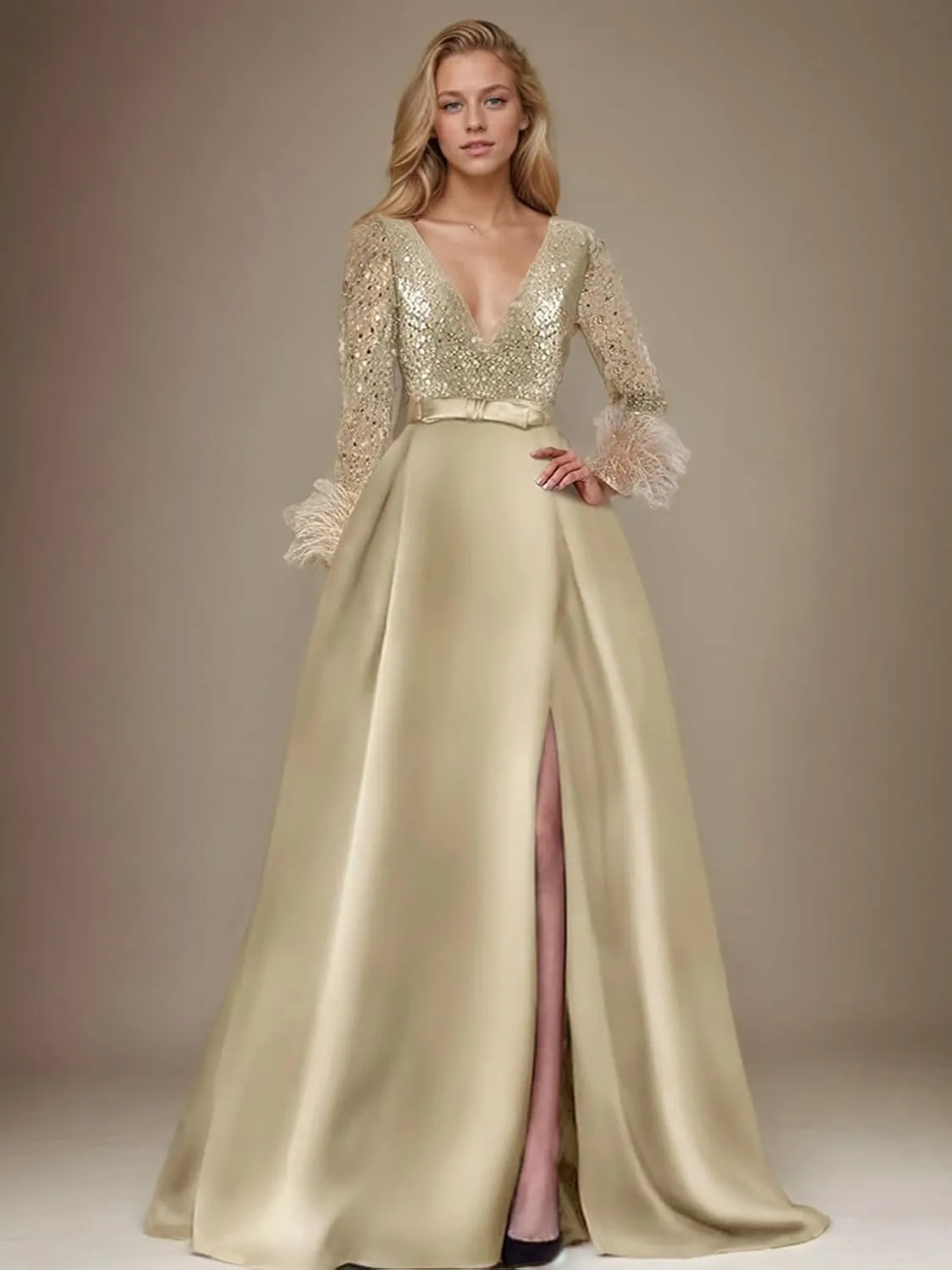 A-Line Formal Dress Elegant Modern Classic Floor Length Long Sleeve V Neck Sequined Champagne Evening Gown 2025