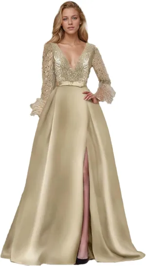 A-Line Formal Dress Elegant Modern Classic Floor Length Long Sleeve V Neck Sequined Champagne Evening Gown 2025