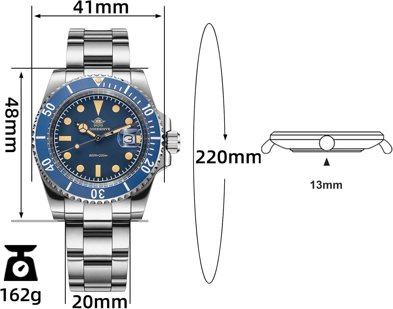 ADDIESDIVE 41MM Men's Quartz Watch Stainless Steel Bracelet Dive Watch