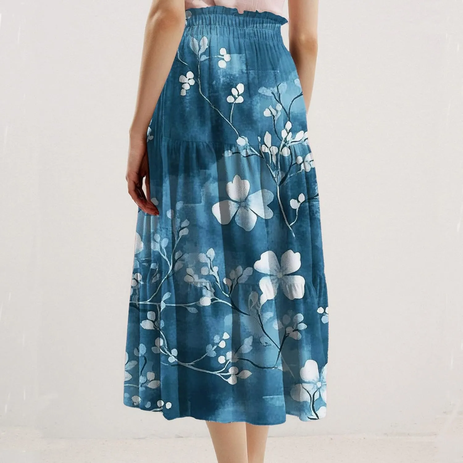 ADHOWBEW Floral Maxi Skirt for Women Trendy Flowy Sexy Elastic Waist High Waist Cotton Bohemian Skirts