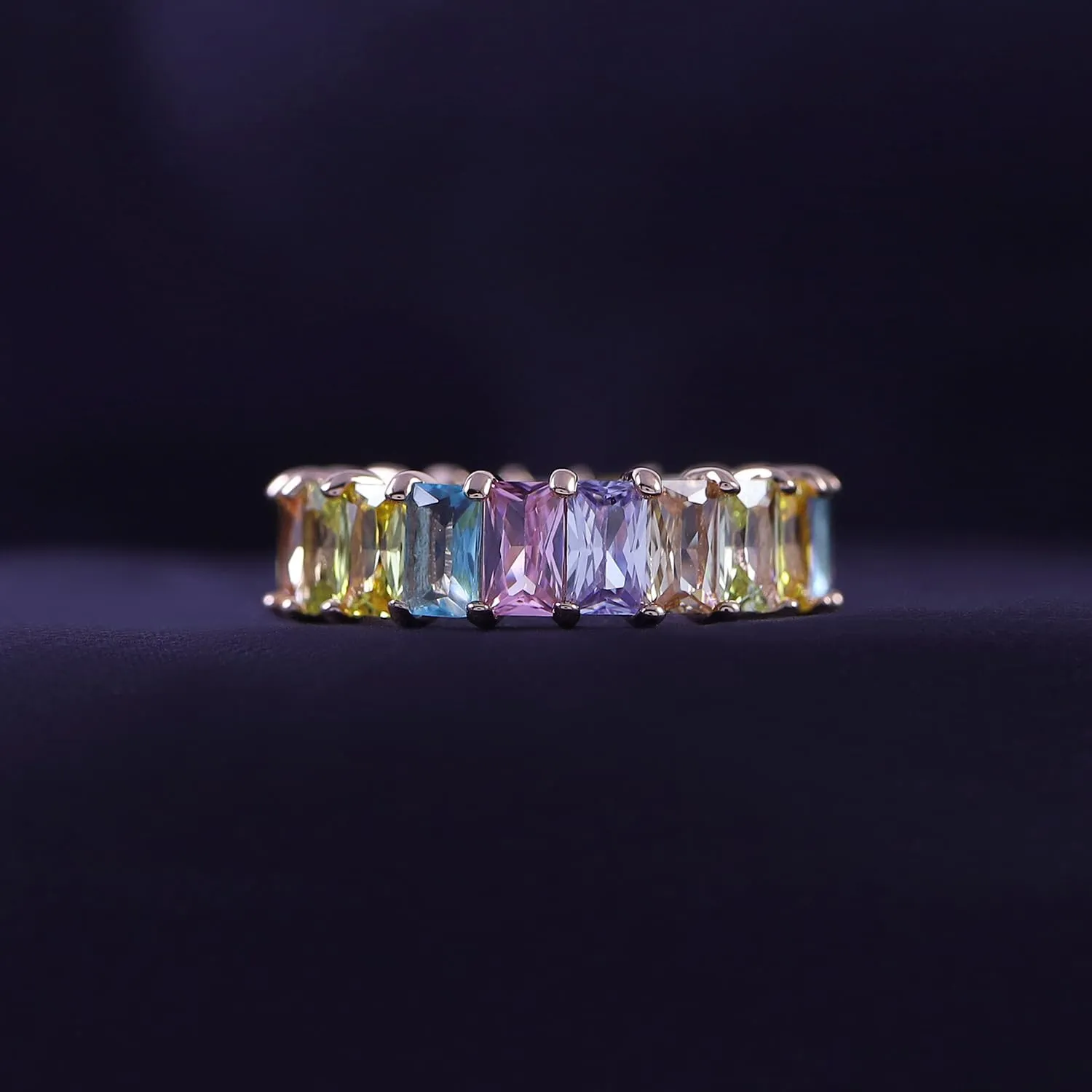 AFFY Eternity Rainbow Ring 18K Gold Plated Emerald-Cut Multi Color AAA Created-Gemstone Rainbow Ring, Stackable Ring, Wedding Band for Women, Gift For Her