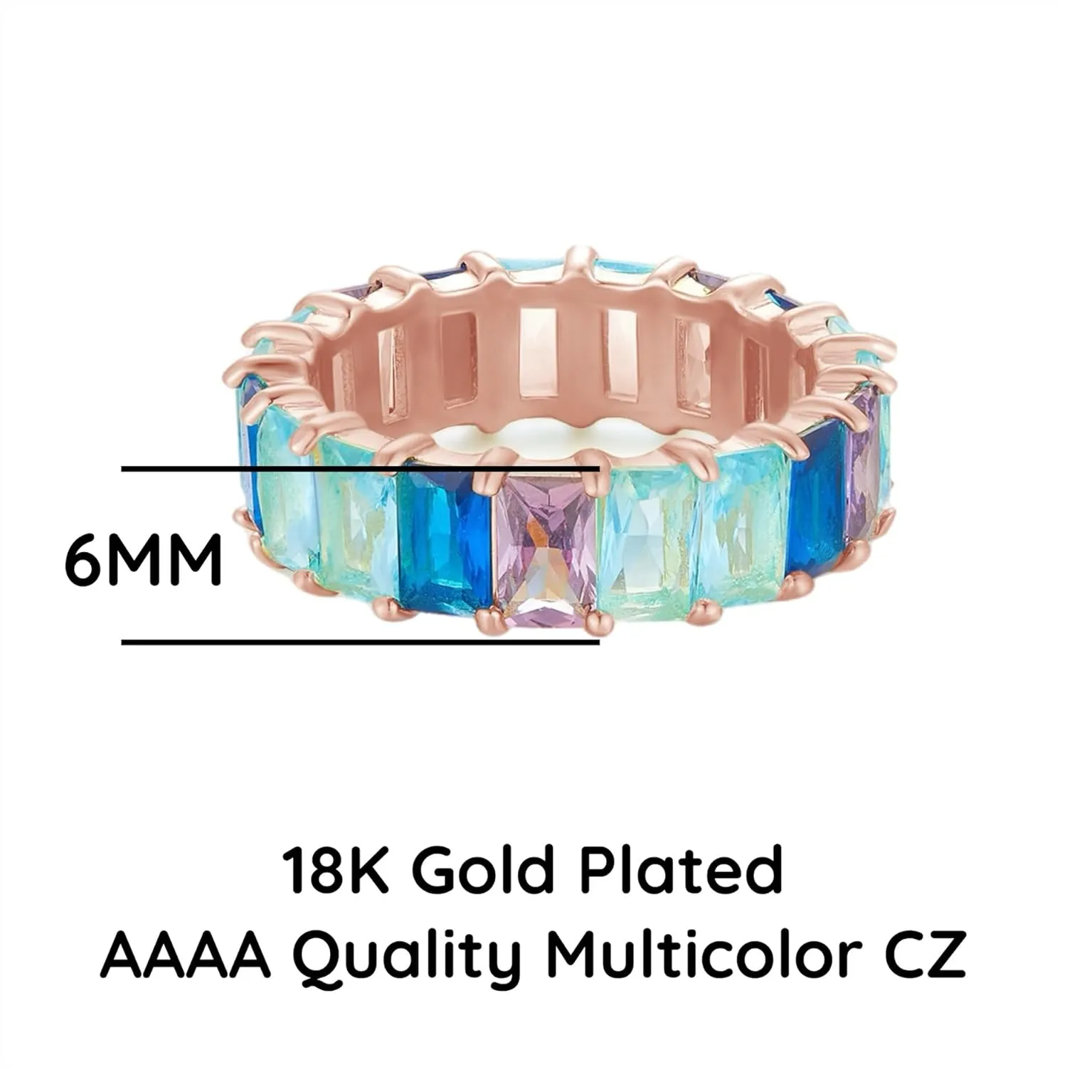 AFFY Eternity Rainbow Ring 18K Gold Plated Emerald-Cut Multi Color AAA Created-Gemstone Rainbow Ring, Stackable Ring, Wedding Band for Women, Gift For Her
