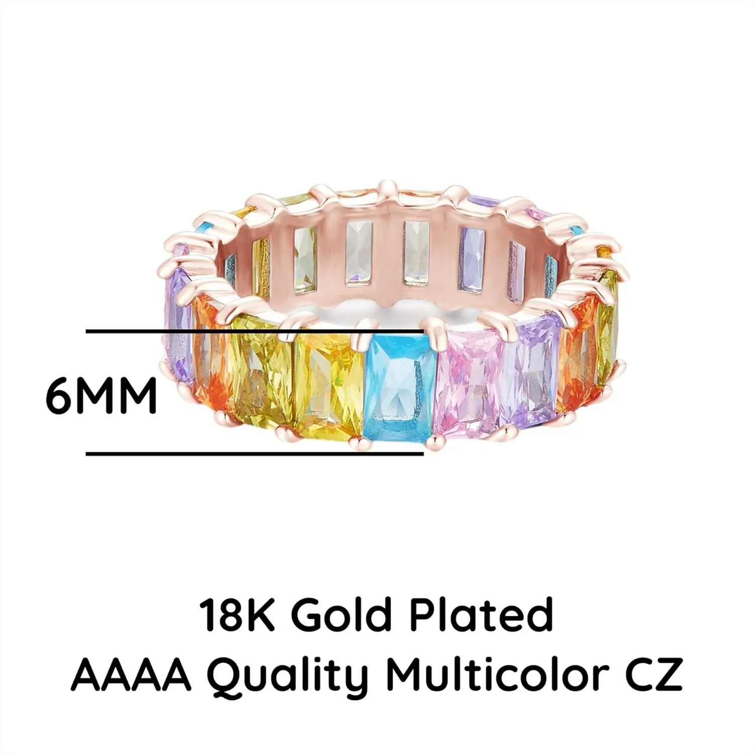 AFFY Eternity Rainbow Ring 18K Gold Plated Emerald-Cut Multi Color AAA Created-Gemstone Rainbow Ring, Stackable Ring, Wedding Band for Women, Gift For Her
