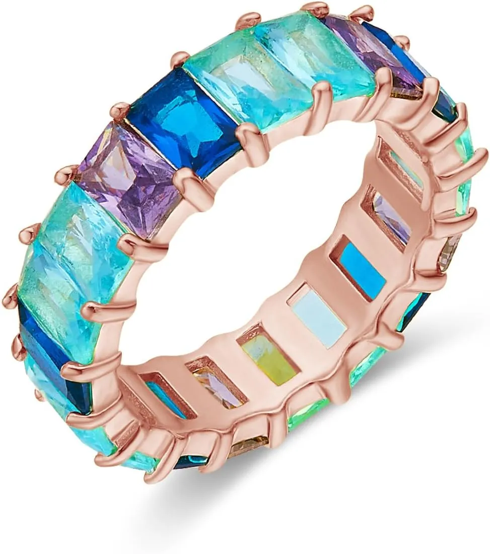 AFFY Eternity Rainbow Ring 18K Gold Plated Emerald-Cut Multi Color AAA Created-Gemstone Rainbow Ring, Stackable Ring, Wedding Band for Women, Gift For Her